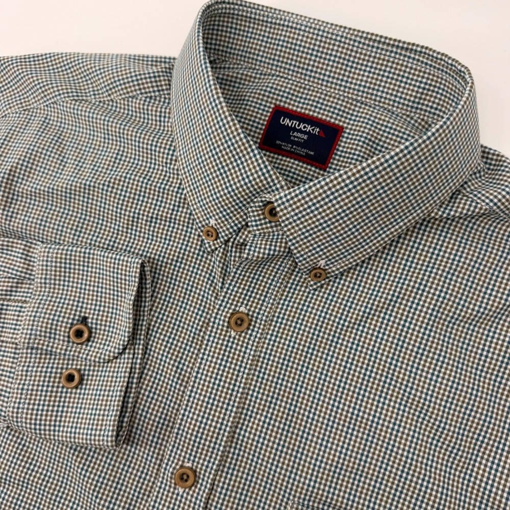 UNTUCKit Rowan Button Down Men Large Brown Blue Slim Fit Performance Check 41625